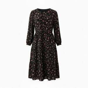 Wednesday's Girl Sz 20 Midi Dress Black w/Ditsy Rose Print 3 Tiered Cottage Goth